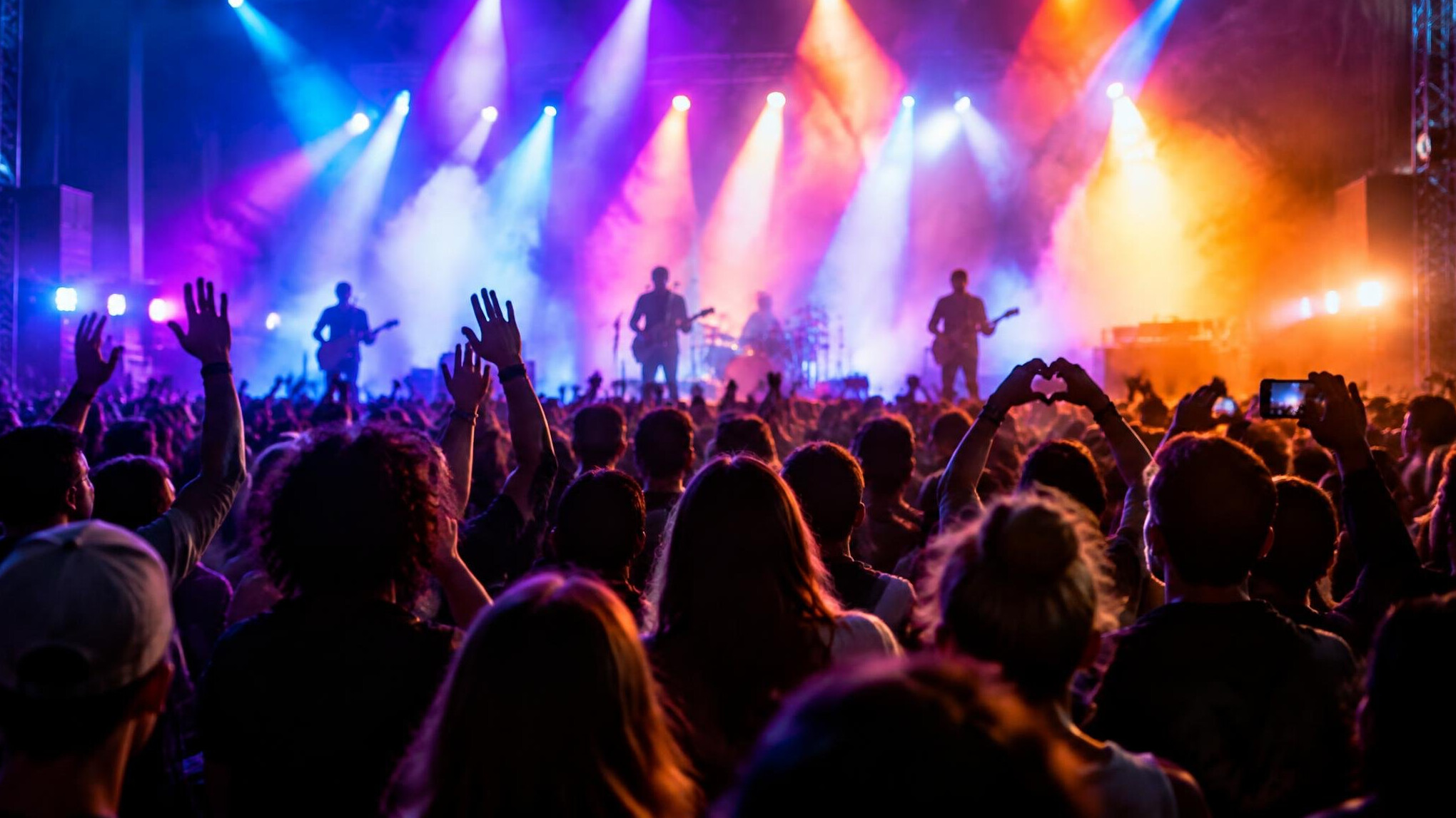 Diverse crowd at a live concert under colorful stage lights