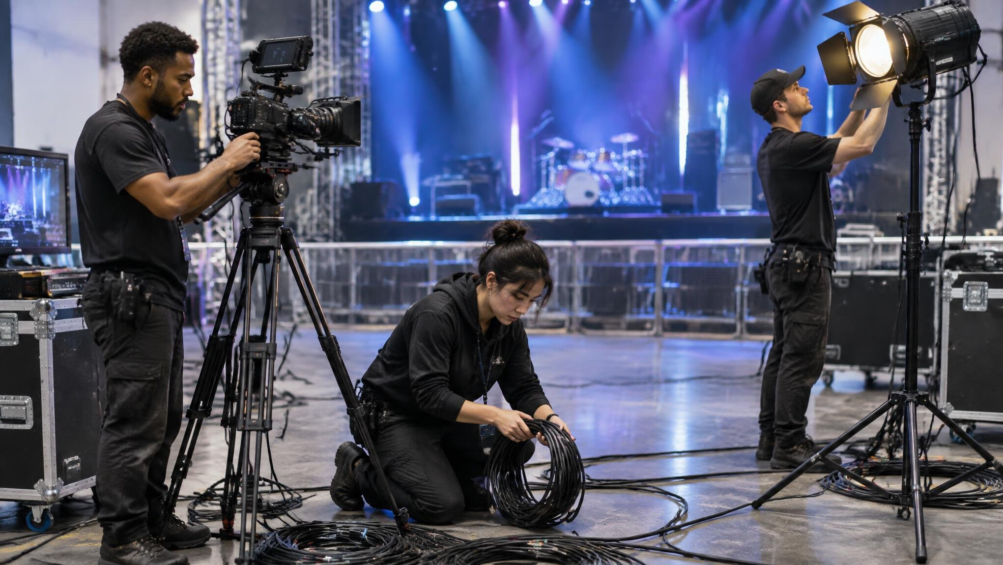 Production crew setting up equipment before a show