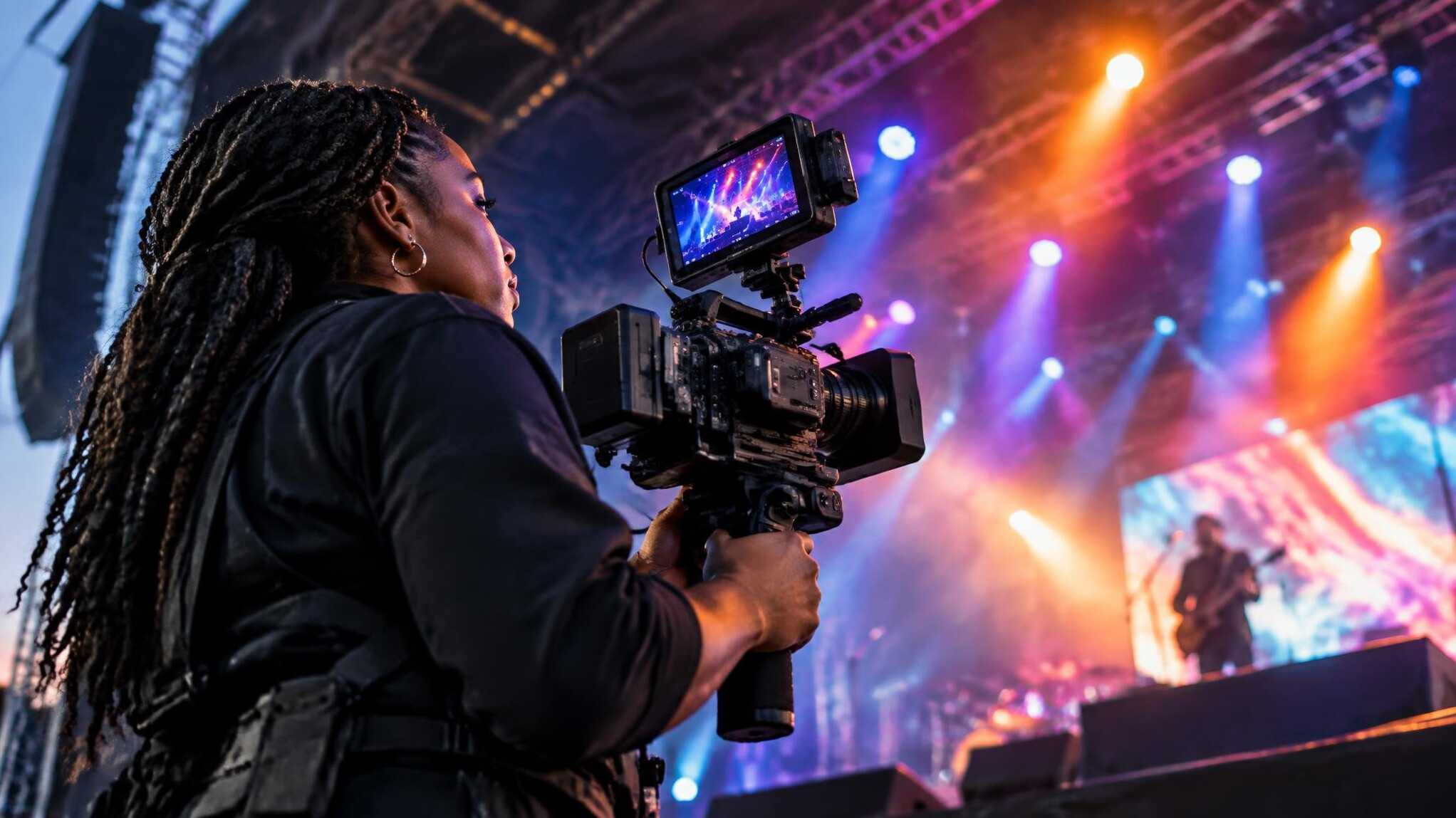 Videographer filming a concert stage with colorful lighting