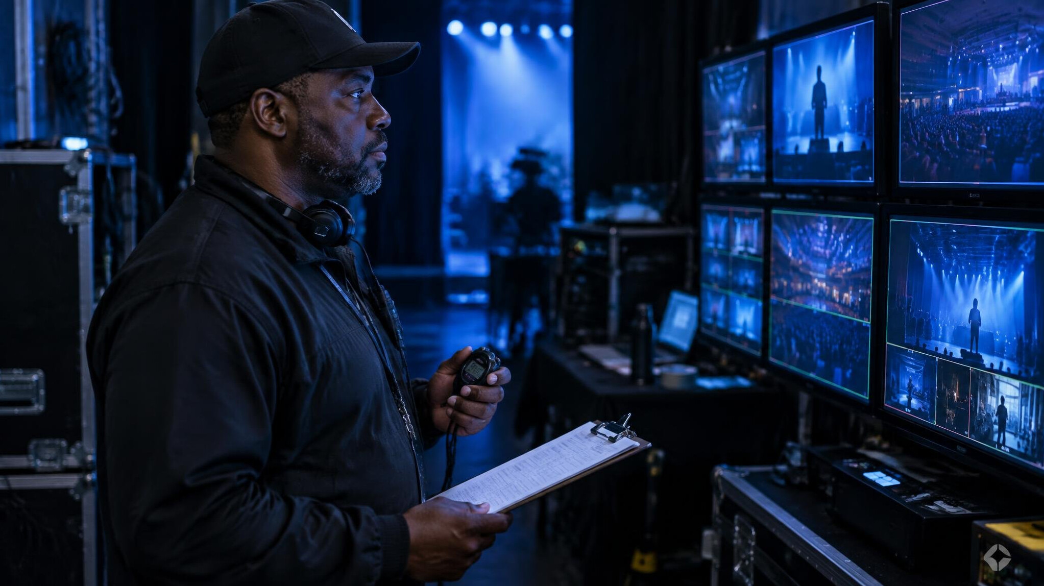 Production coordinator watching monitors with a stopwatch backstage