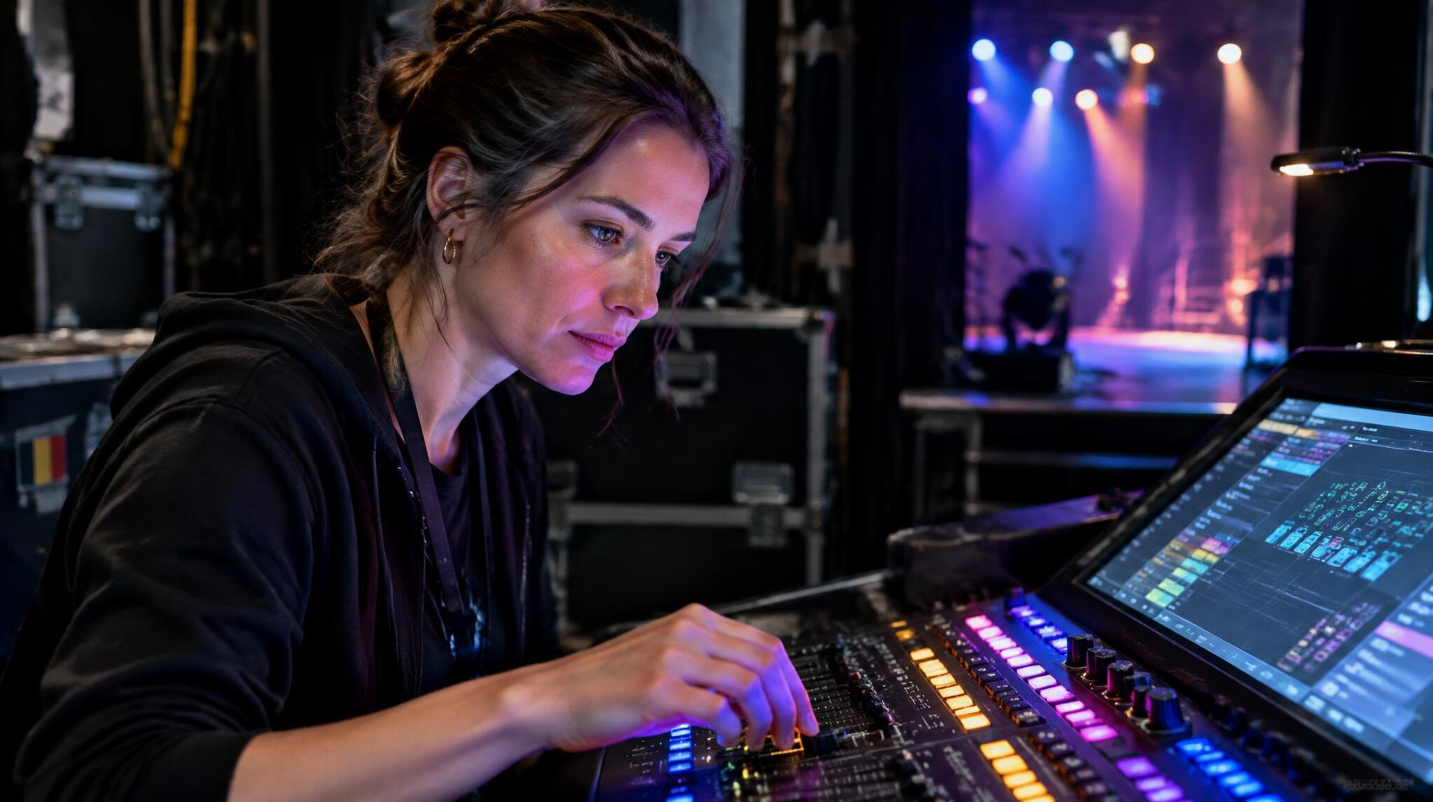 Lighting designer adjusting a spotlight control board