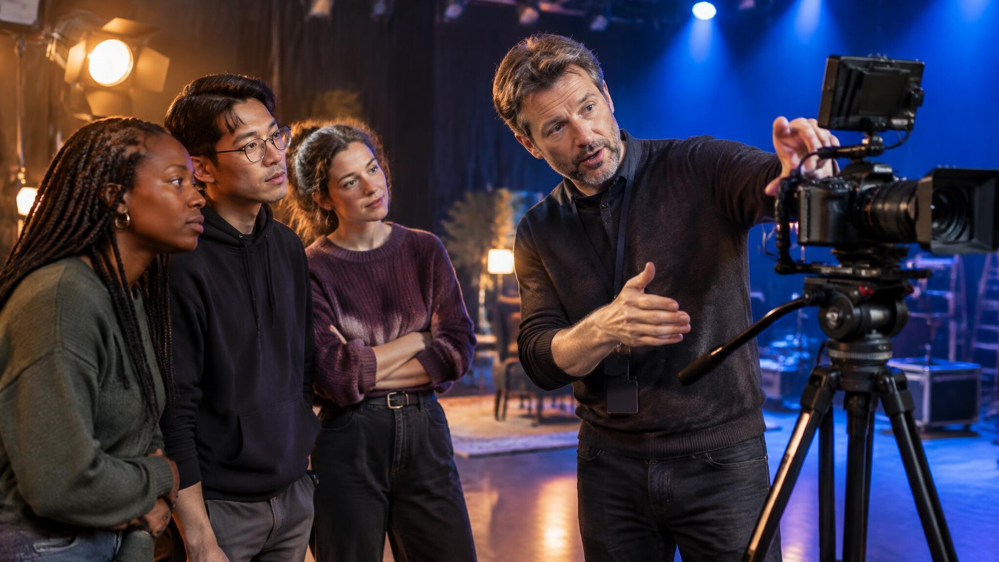 Instructor teaching a small group on a lit stage set