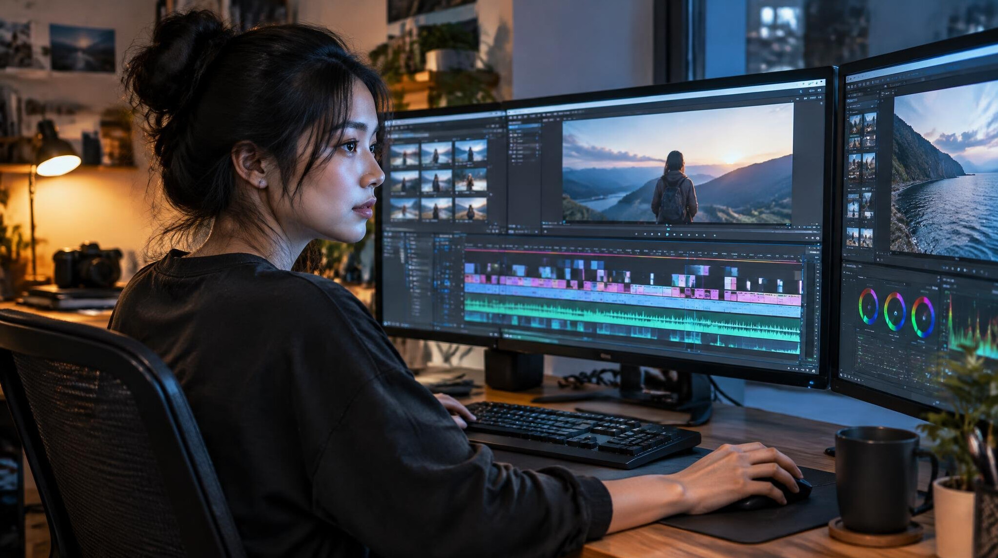 Video editor working at a multi-monitor desk