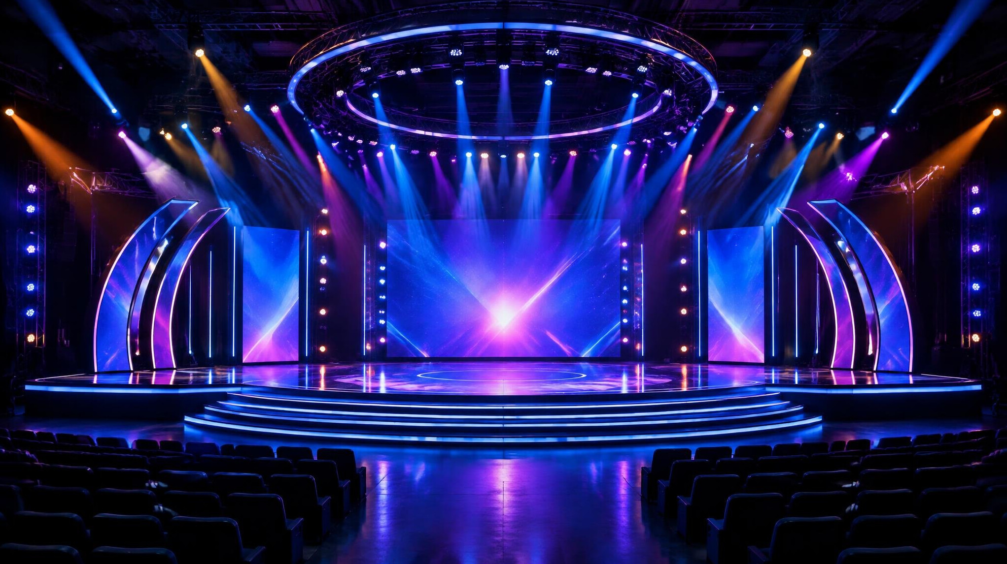 Wide shot of a live event stage with dramatic lighting