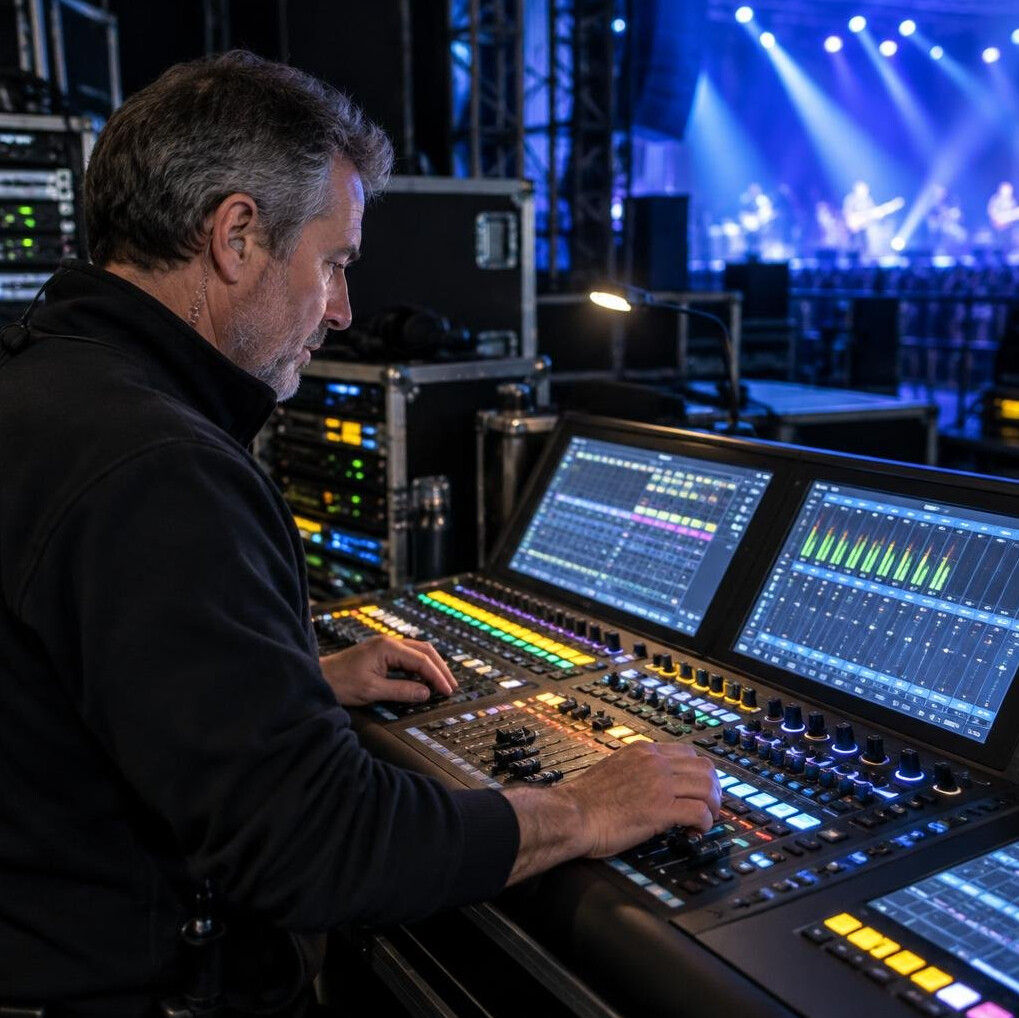 Technician at a lighting and sound mixing console