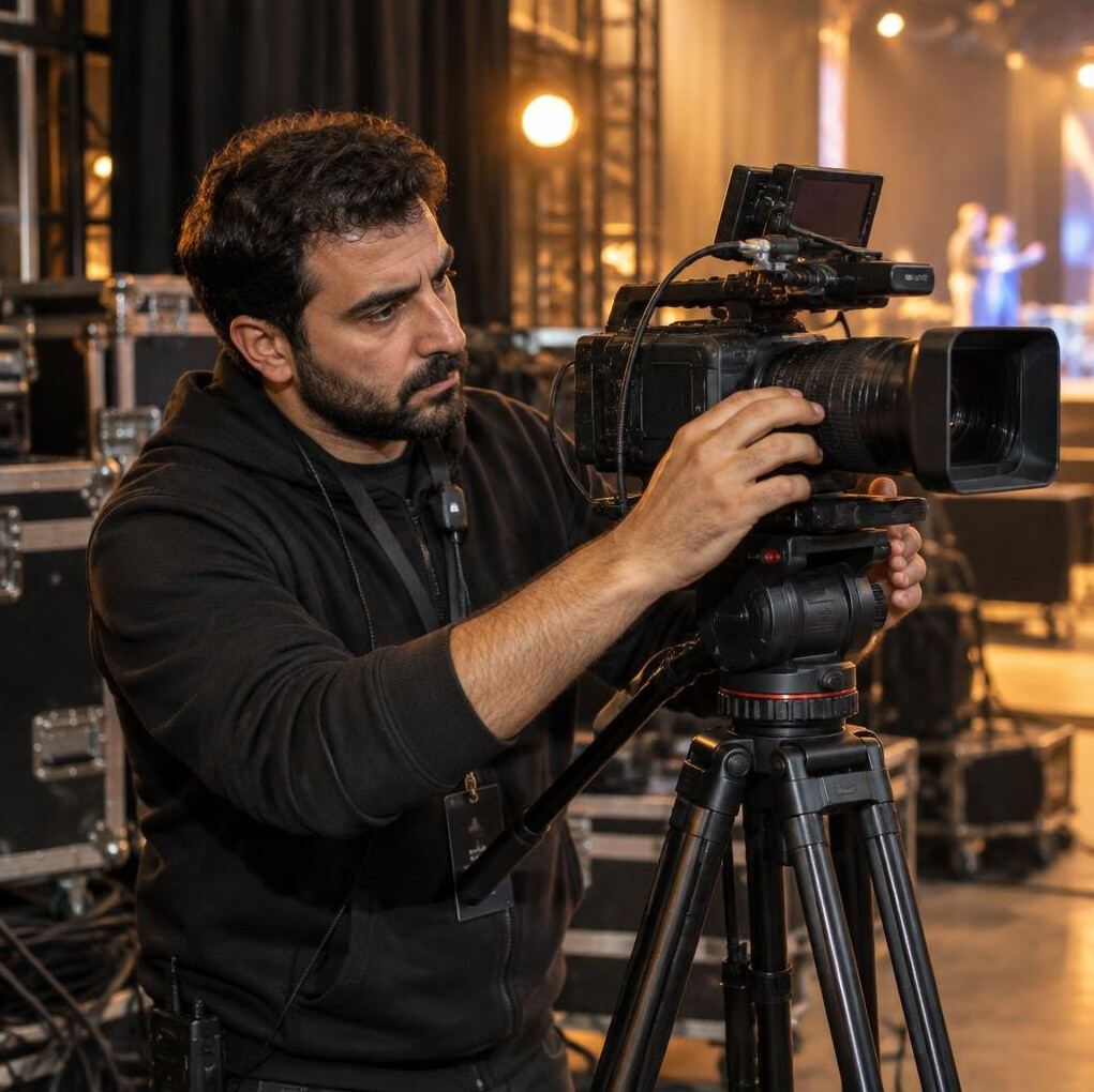 Camera operator adjusting a camera on a tripod backstage
