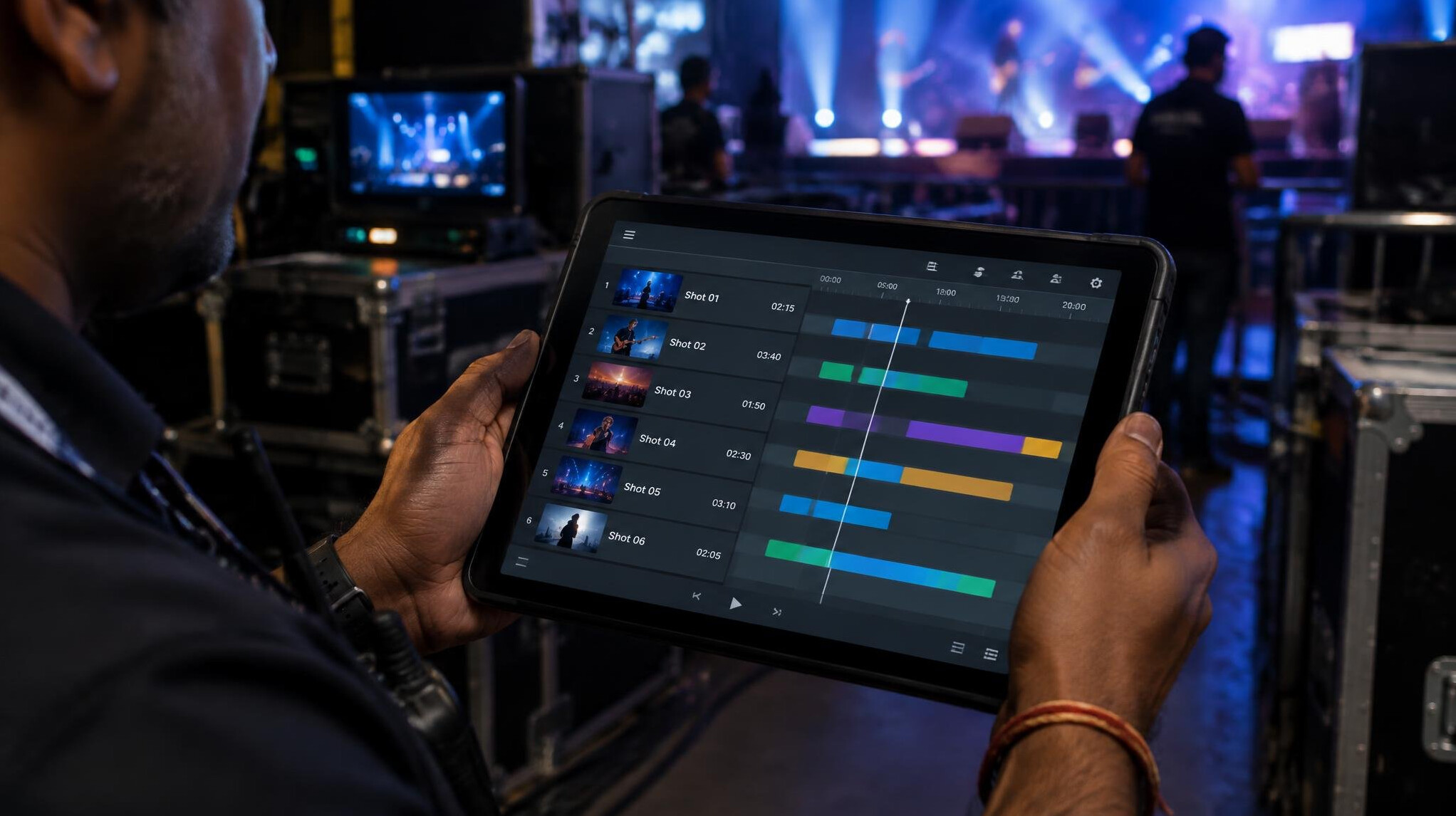 Hands holding a tablet backstage showing a production schedule